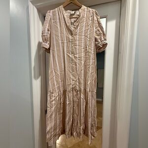 ICHI Women’s Beige & Lilac Stripe Drop Waist Midi Shirt Dress Size 38 / Medium
